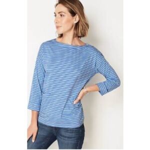 J Jill Blue & Cream Button Shoulder 3/4 Sleeve Top